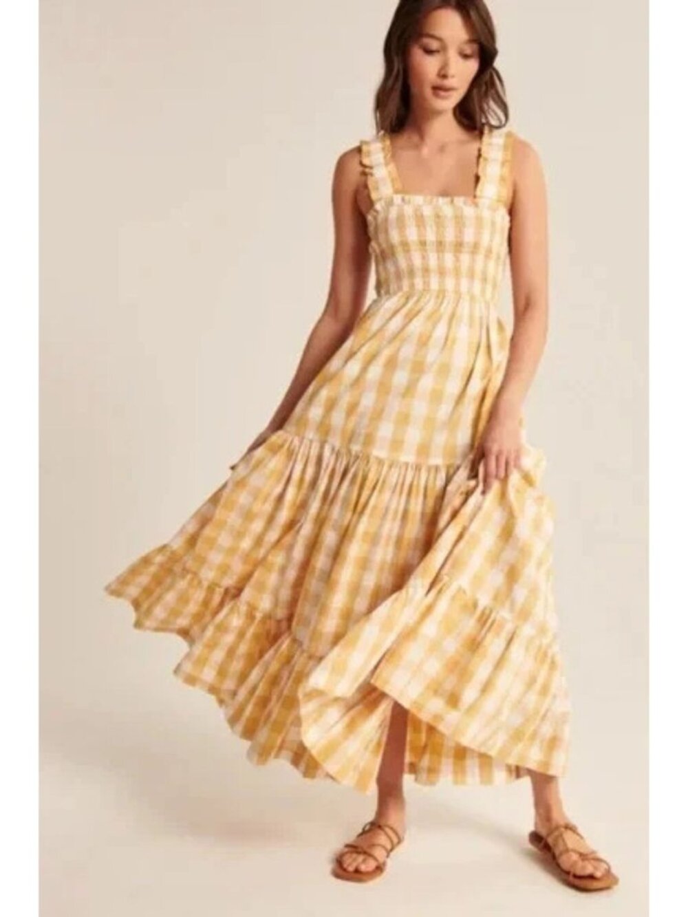 Abercrombie & Fitch Yellow Gingham Ruffle Strap Maxi Dress